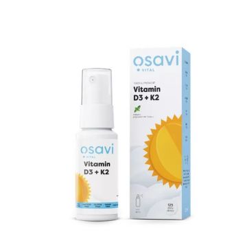 Osavi Vitamin D3 + K2 Oral Spray, Peppermint - 25 ml. 5904139920589, Eén portie levert 1000 IE vitamine D3 en 15 µg vitamine K2.